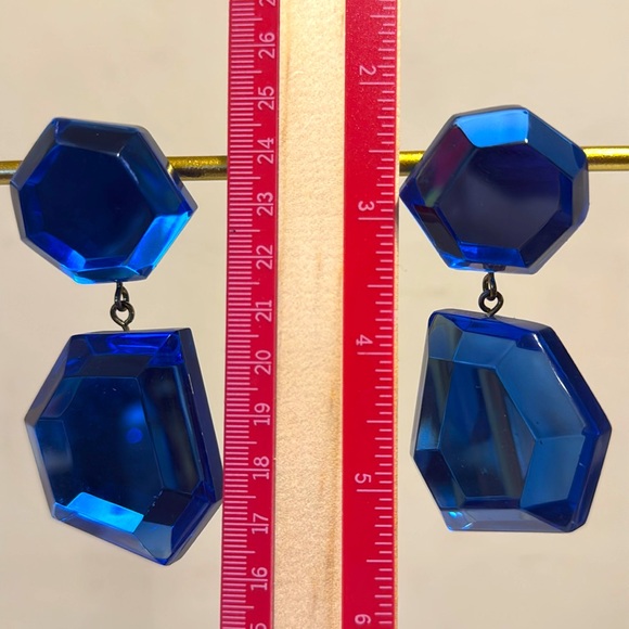 Vintage Dalessio Design Chicago Blue Plastic Crystal Dangle Earrings Clip on 80s - Picture 6 of 9